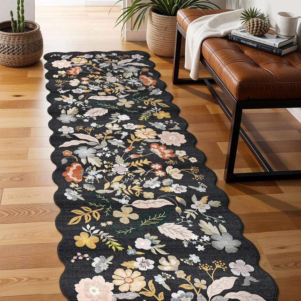 3x12ft Long Hallway Runner Rug - Non Slip Washable Floral Floor Runner for Kitchen Entryway Bathroom，Boho Low Pile Thin Rubber Backed Scalloped Carpet Runner (Black, 3x12)