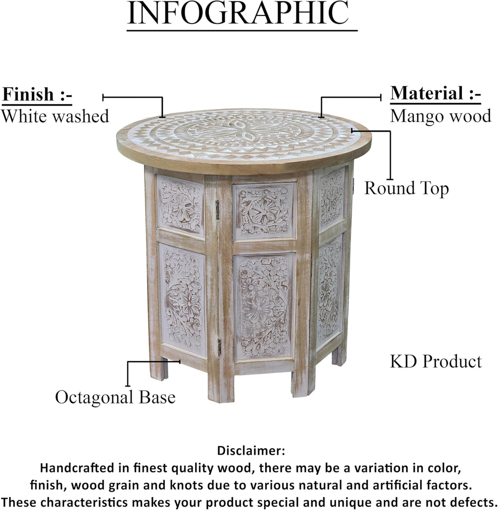 Benzara Accent Side Table, 18 Inch Round Mango Wood Top, Hand Carved Mandala Design, Natural Brown Finish, Rustic Accent End Table for Living Room, Bedroom, Entryway and Home Decor Display
