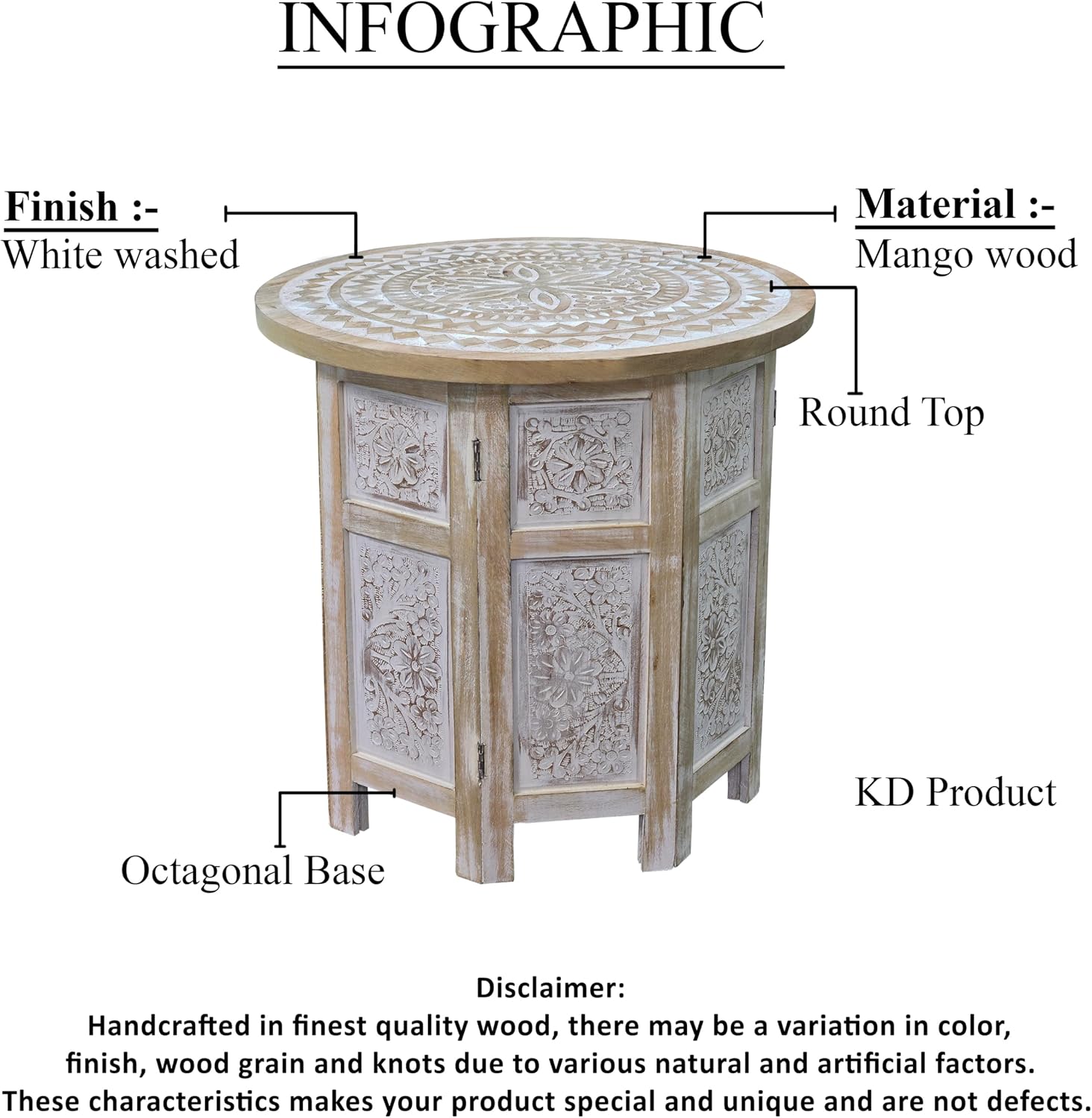 Benzara Accent Side Table, 18 Inch Round Mango Wood Top, Hand Carved Mandala Design, Natural Brown Finish, Rustic Accent End Table for Living Room, Bedroom, Entryway and Home Decor Display