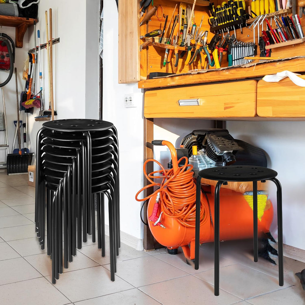 Tuanse 10 Pcs Stacking Stools Set with Metal Frame 17.72'' Portable Stackable Plastic Backless Stool with Round Top for Adult Office Home Kitchen(Black)