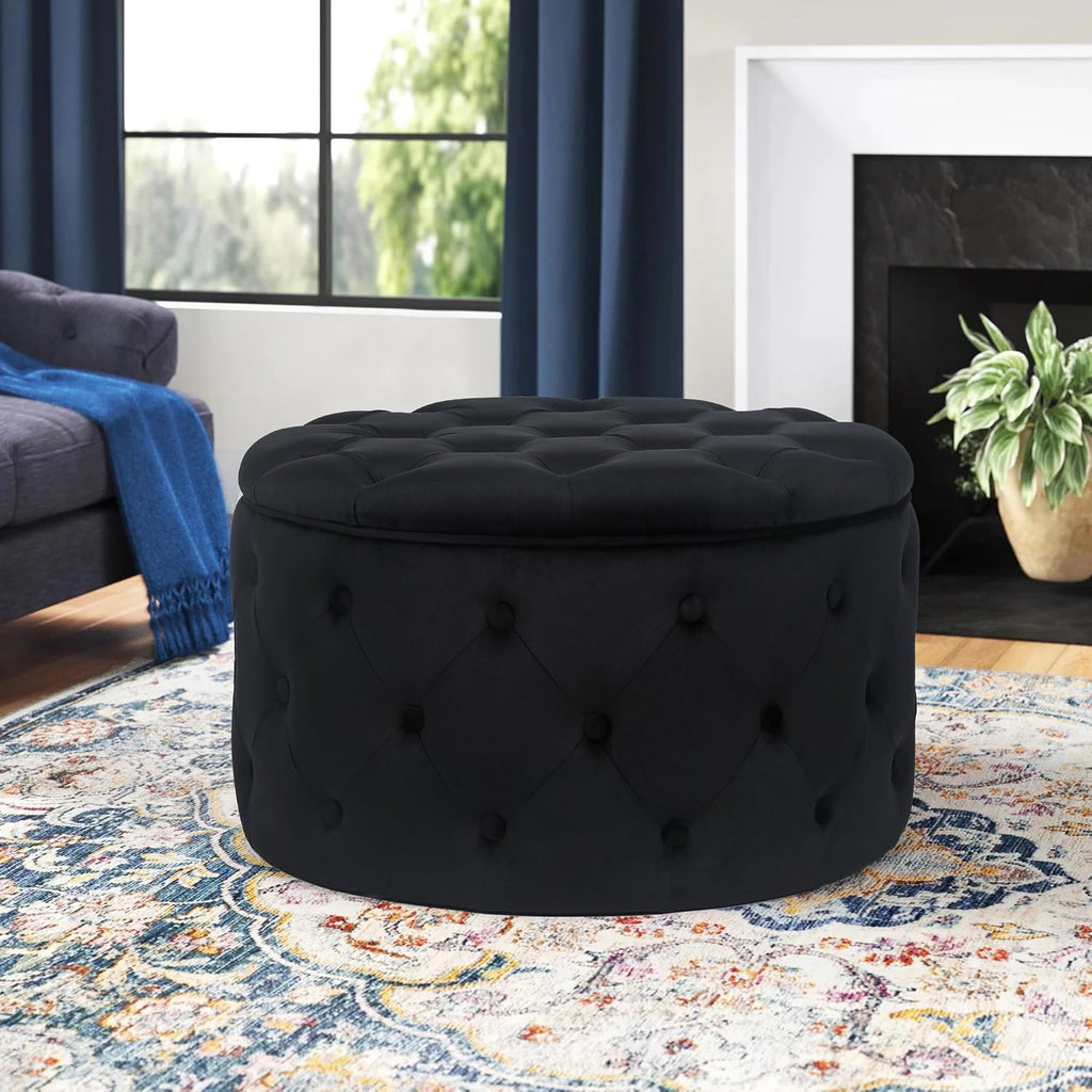Joveco Round Storage Ottoman, Button Tufted Upholstered Ottoman with Removable Top, Storage Bench Coffee Table Footrest Stool for Living Room Bedroom Entryway (Black,M)