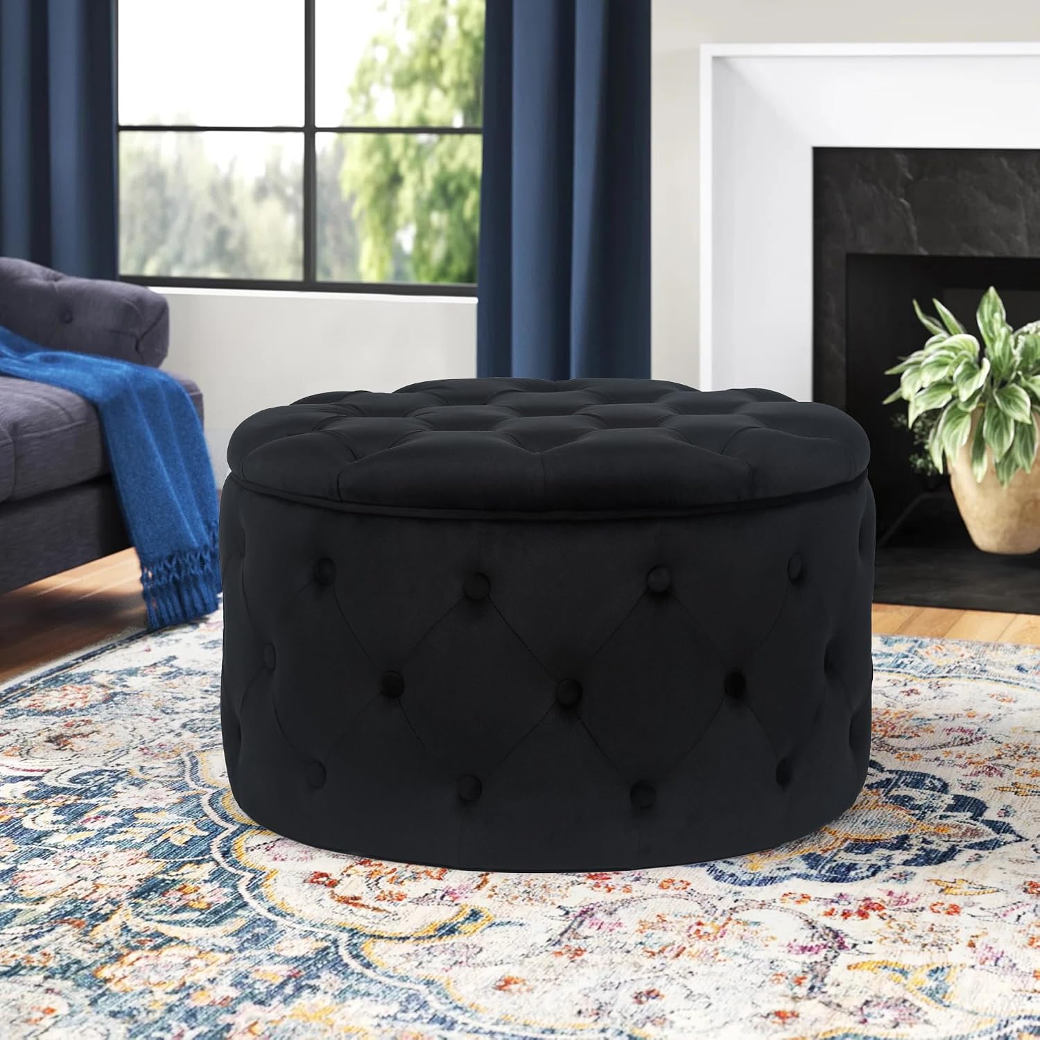Joveco Round Storage Ottoman, Button Tufted Upholstered Ottoman with Removable Top, Storage Bench Coffee Table Footrest Stool for Living Room Bedroom Entryway (Black,M)