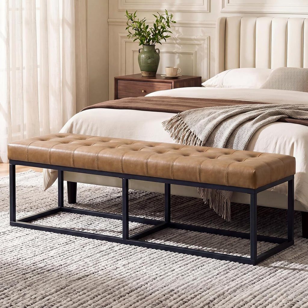 60.5" Faux Leather Bench with Button Tufted Seat, Mid-Century Modern Upholstered End of Bed Bedroom Benches, Oversized Entryway & Dining Room Ottoman with Metal Base, Camel