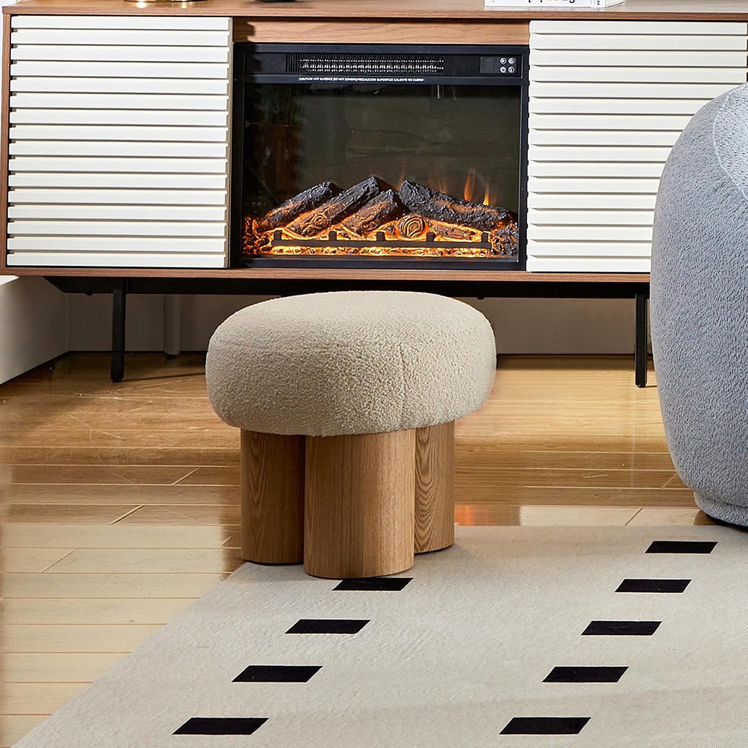 Small Mushroom Foot Stool, Teddy Fabric Ottoman with Non-Skid Legs, Modern Footrest for Under Desk, Sofa Couch, Shoe Changing Bench, Living Room, Bedroom, Office - Beige