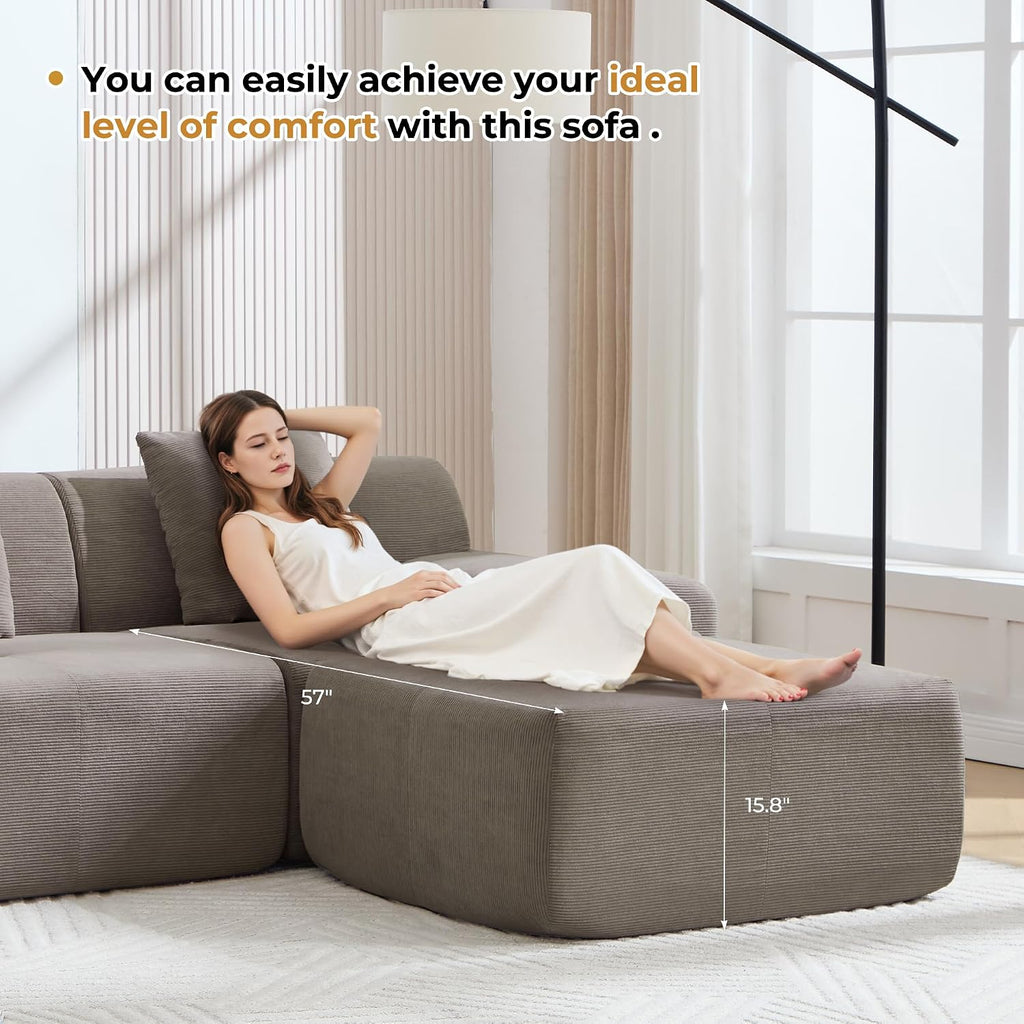 160" U Shaped Boneless Modular Sectional Sofa, Oversized 6-Seater Full Sponge Cloud Couch with Movable Ottoman, Corduroy Upholstery Couches for Living Room, No Assembly, Brown