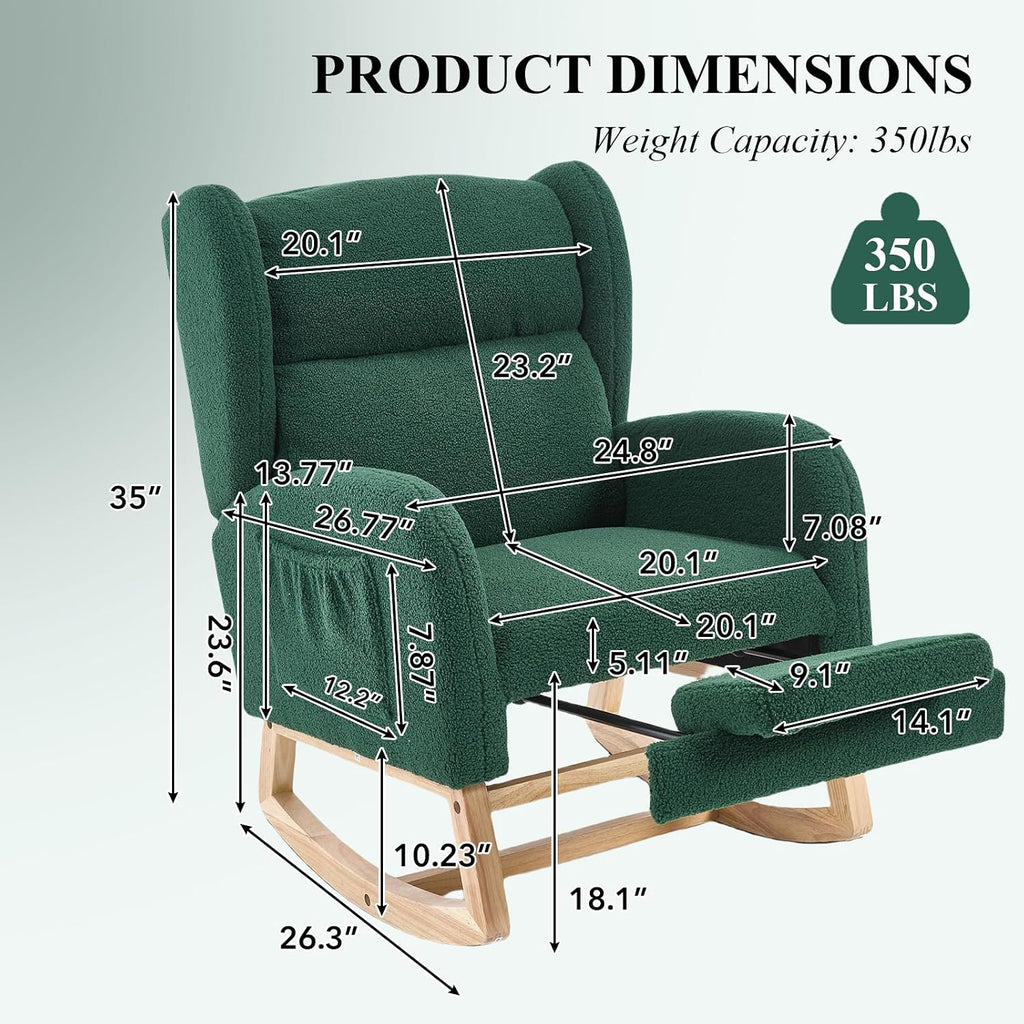 NIOIIKIT Nursery Rocking Chair with Footrest, Teddy Upholstered Glider Chair, Nursery Gliding Recliner with Side Pocket, Glider Rocker for Living Room (Green)