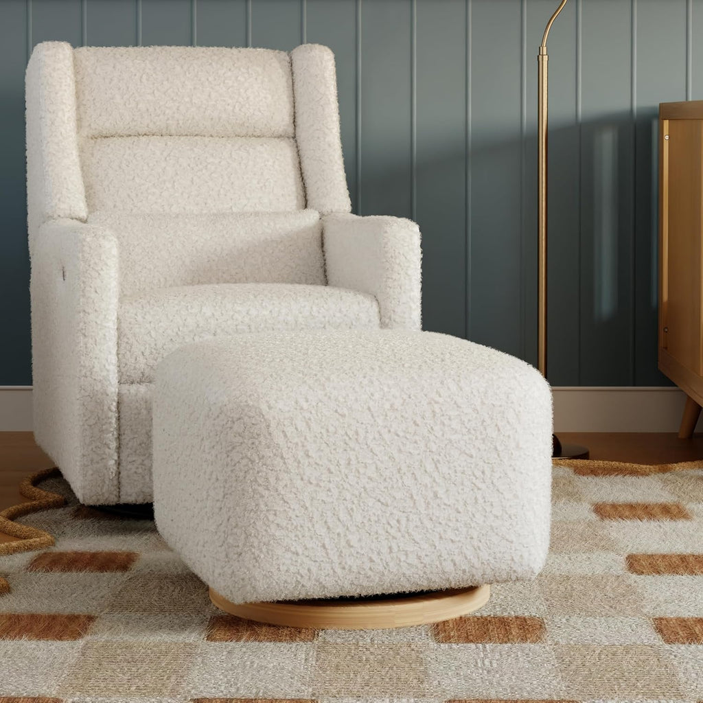 Babyletto Kiwi Gliding Ottoman in Cream Shearling with Light Wood Base, Greenguard Gold and CertiPUR-US Certified