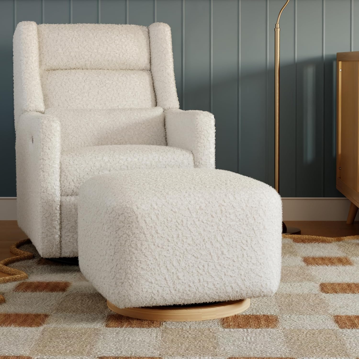 Babyletto Kiwi Gliding Ottoman in Cream Shearling with Light Wood Base, Greenguard Gold and CertiPUR-US Certified