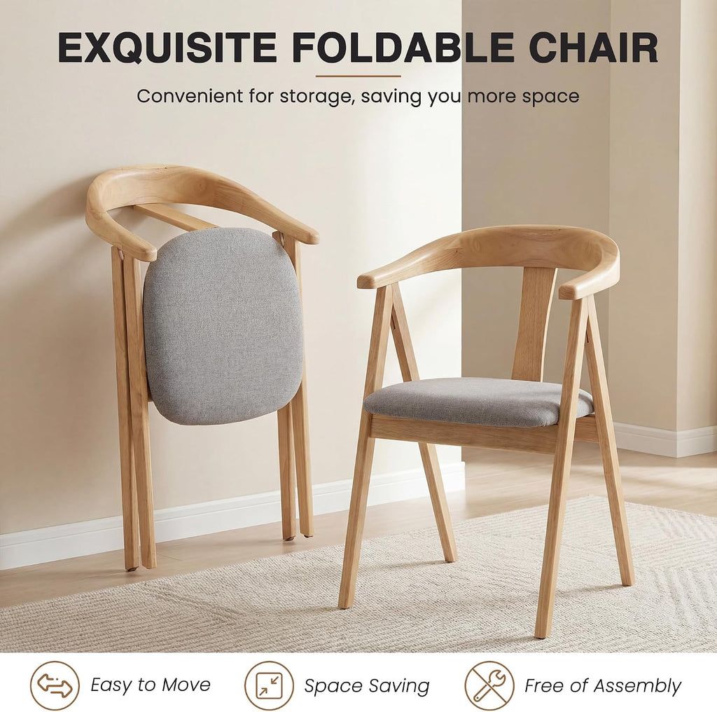 HNY Wooden Folding Chair with Cushion Set of 2, Chenille Foldable Dining Chairs Lightweight Folding Event Chair, Portable Space-Saving Accent Chair for Kitchen Dining Living Room Small Spaces, Grey
