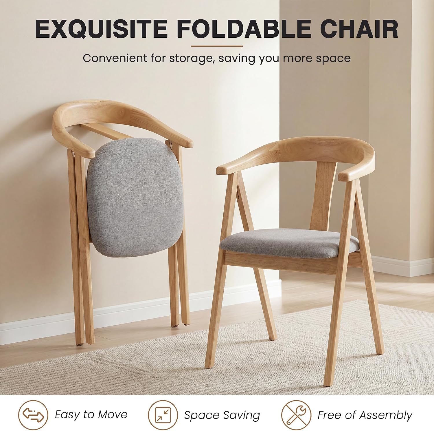 HNY Wooden Folding Chair with Cushion Set of 2, Chenille Foldable Dining Chairs Lightweight Folding Event Chair, Portable Space-Saving Accent Chair for Kitchen Dining Living Room Small Spaces, Grey