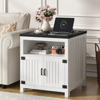 24" Farmhouse End Table Set of 2 with Charging Station, Large Square Side Table with Open Shelf and Barn Door Storage for Living Room, Bedroom (White)