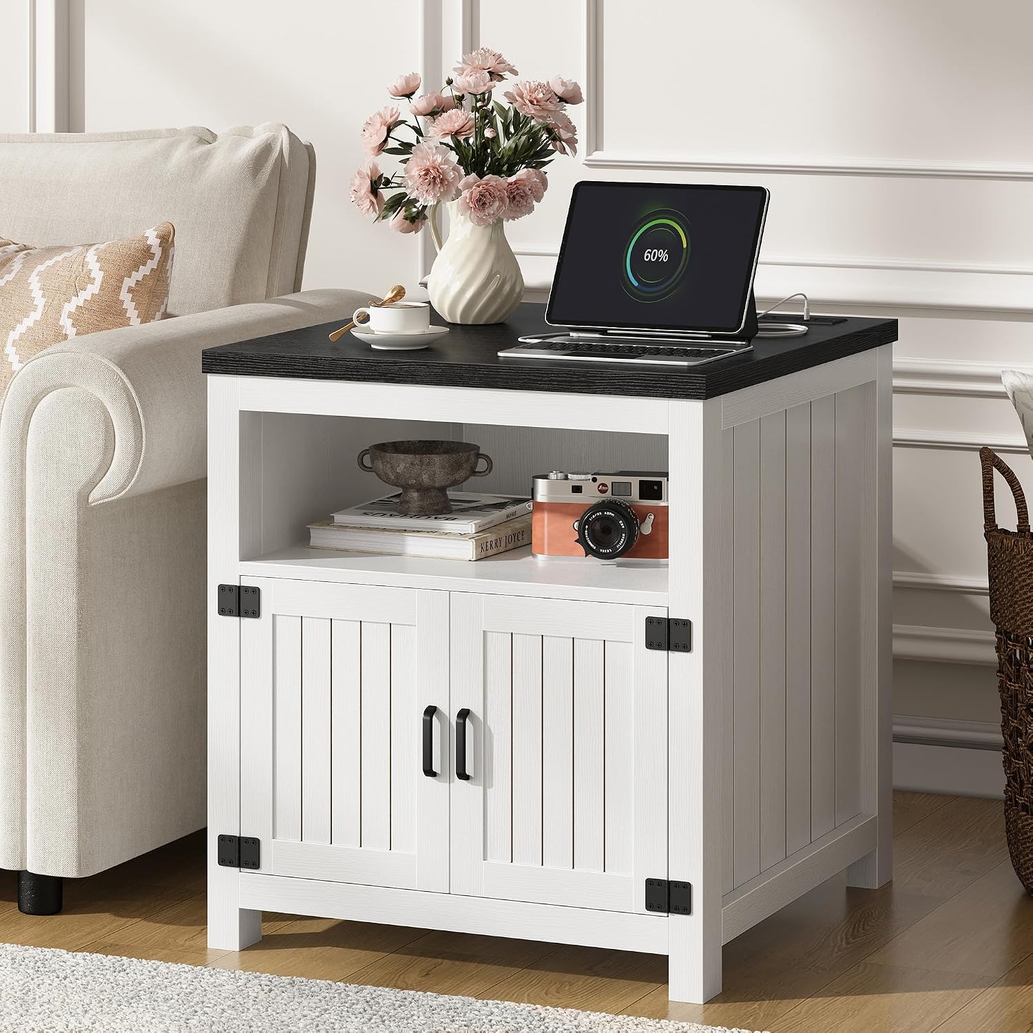 24" Farmhouse End Table Set of 2 with Charging Station, Large Square Side Table with Open Shelf and Barn Door Storage for Living Room, Bedroom (White)