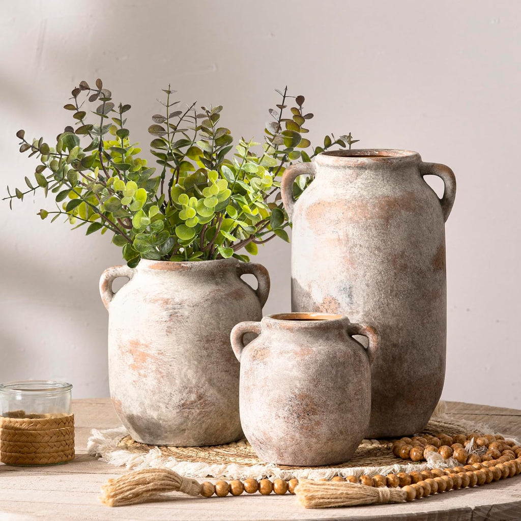 Ceramic Flower Vase Home Decor - 7.6 Inch Farmhouse Rustic Table Vases with Handle Living Room Decoration Decorative Vintage Pottery for Kitchen Shelf Coffee Dining Bookshelf Fireplace Centerpiece