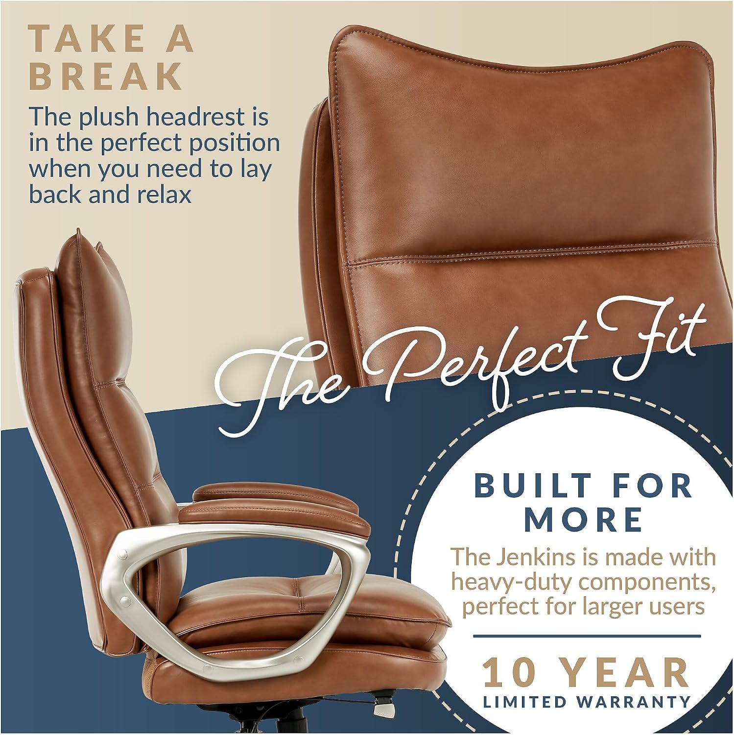La-Z-Boy Jenkins Ergonomic Bonded Leather Swivel Executive Big & Tall Chair, Brown