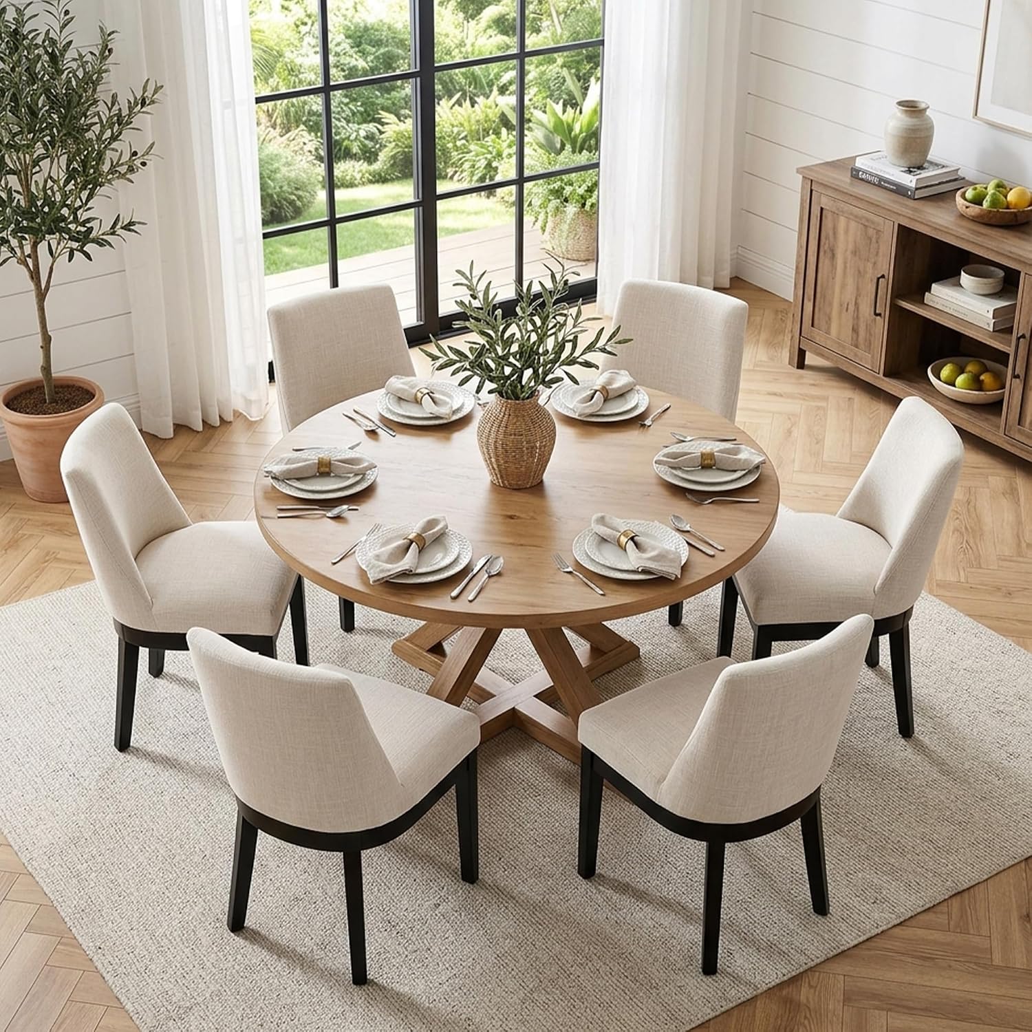 HNY Modern Dining Chairs Set of 4 with Comfortable Back Support, Farmhouse Soft Linen Upholstered Dining Room Chairs with Black Solid Wood Legs, Armless Kitchen Side Chairs for Living Room, Beige