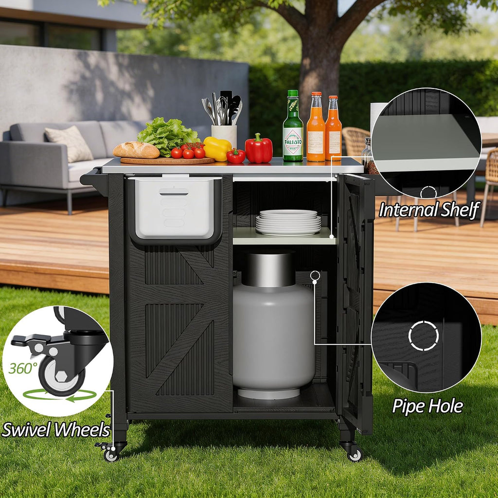 Spurgehom Outdoor Grill Cart with Storage Movable Outdoor Grill Table Kitchen Island with Wheels, BBQ Cart Pizza Oven Table Food Prep Table Cart Storage Cabinet for Outside Patio Backyard Garden