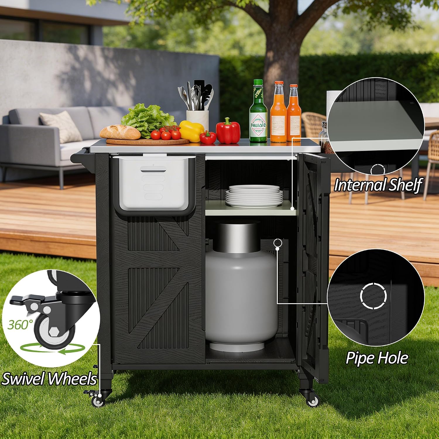 Spurgehom Outdoor Grill Cart with Storage Movable Outdoor Grill Table Kitchen Island with Wheels, BBQ Cart Pizza Oven Table Food Prep Table Cart Storage Cabinet for Outside Patio Backyard Garden