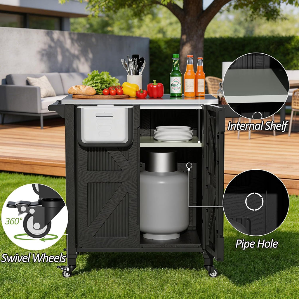 Spurgehom Outdoor Grill Cart with Storage Movable Outdoor Grill Table Kitchen Island with Wheels, BBQ Cart Pizza Oven Table Food Prep Table Cart Storage Cabinet for Outside Patio Backyard Garden