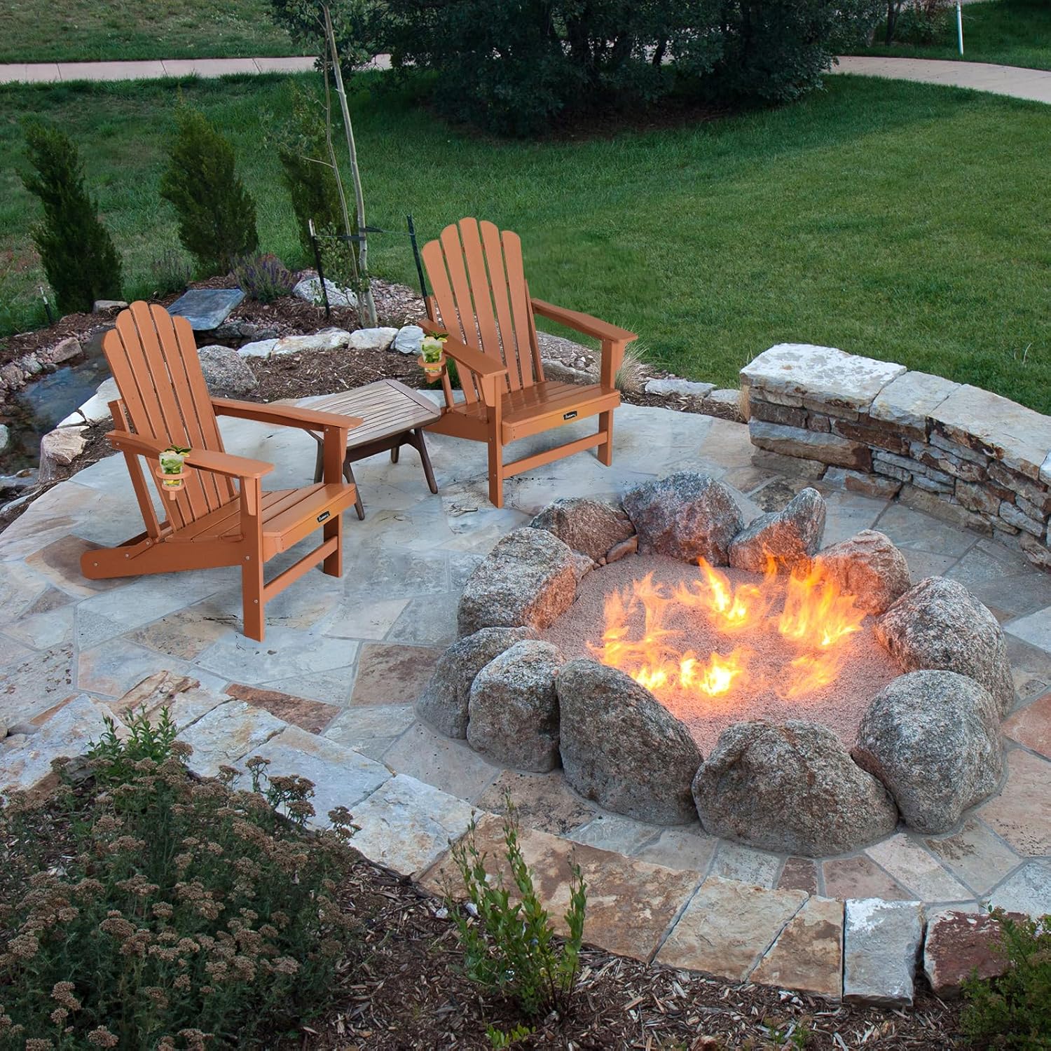 FUNBERRY Folding Adirondack Chair Set of 4, Fire Pit Chairs with Cup Holder | Wood-Grain, HDPE All Weather, Quick-Folding, No Rot, UV Fade Shield, 400LBS Weight Capacity, Easy-Clean for Outside