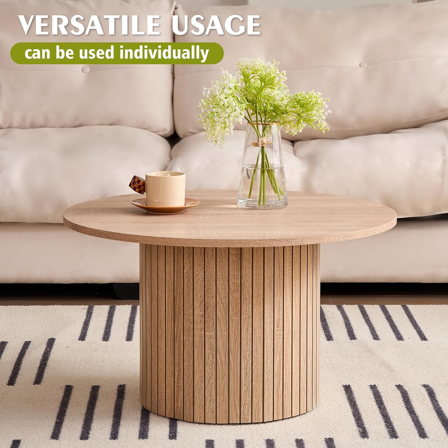 Round Nesting Coffee Table Set of 2, Modern Fluted Wood Side Tables for Small Spaces, Living Room, Bedroom, Balcony, or Office(Natural)