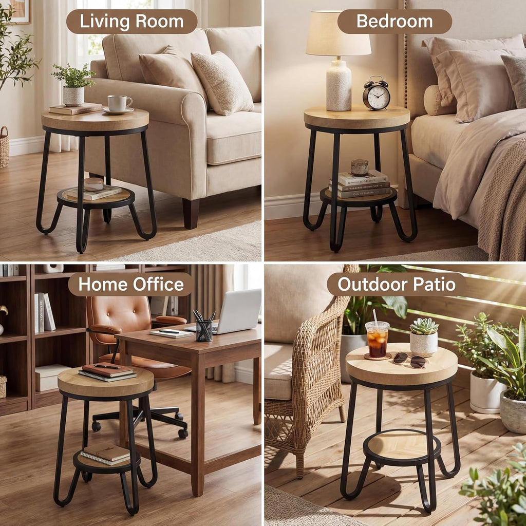 IRONCK Round Side Table, 2 Tier Industrial End Table with Storage Shelf, 19.7" Accent Bedside Table for Living Room, Bedroom, Small Spaces, Wood Tabletop & Curved Metal Legs, Light Brown