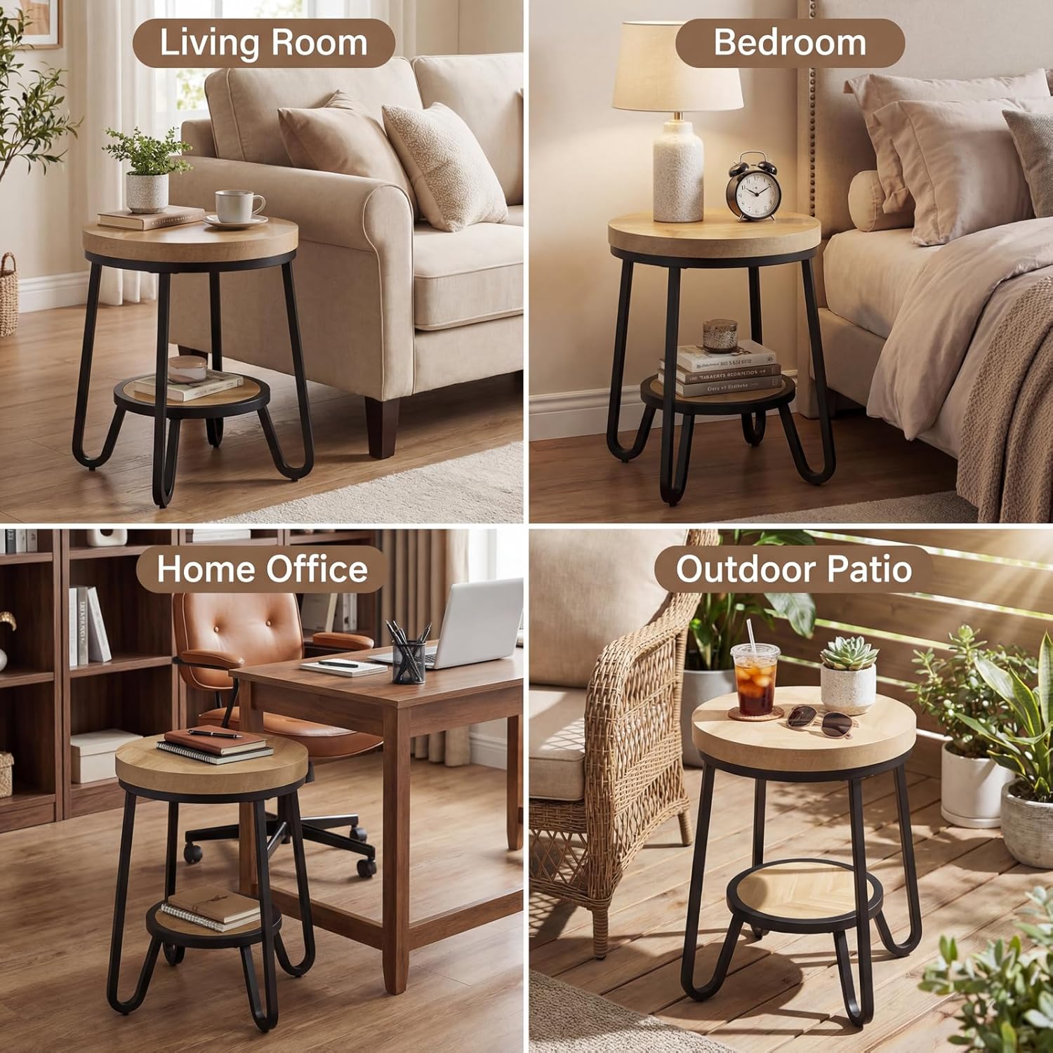 IRONCK Round Side Table, 2 Tier Industrial End Table with Storage Shelf, 19.7" Accent Bedside Table for Living Room, Bedroom, Small Spaces, Wood Tabletop & Curved Metal Legs, Light Brown