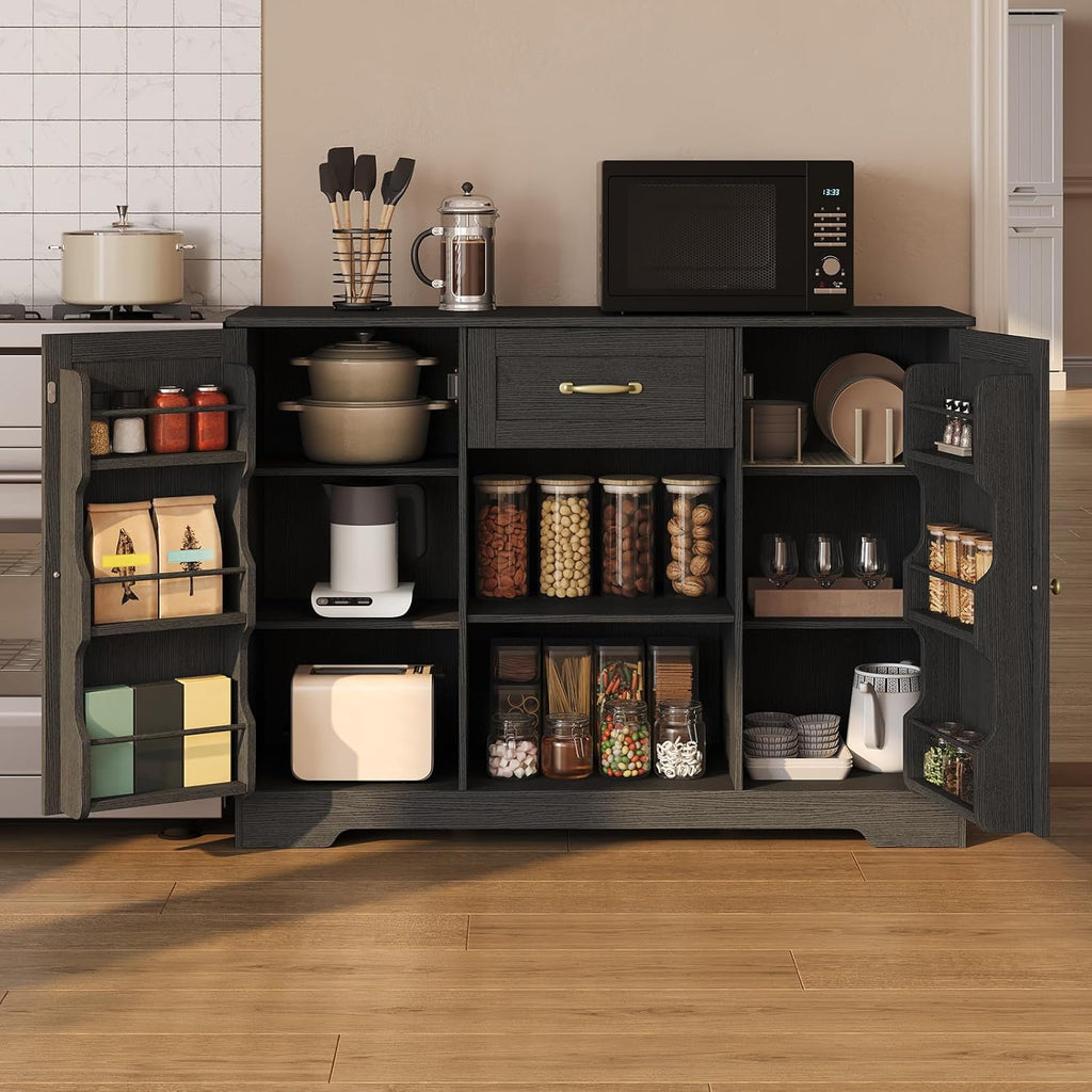 Gizoon 45" Coffee Bar Cabinet with Door and Shelves Kitchen Hutch with Countertop, Kitchen Buffer Cabinet with Storage for Bedroom and Living Room, Black