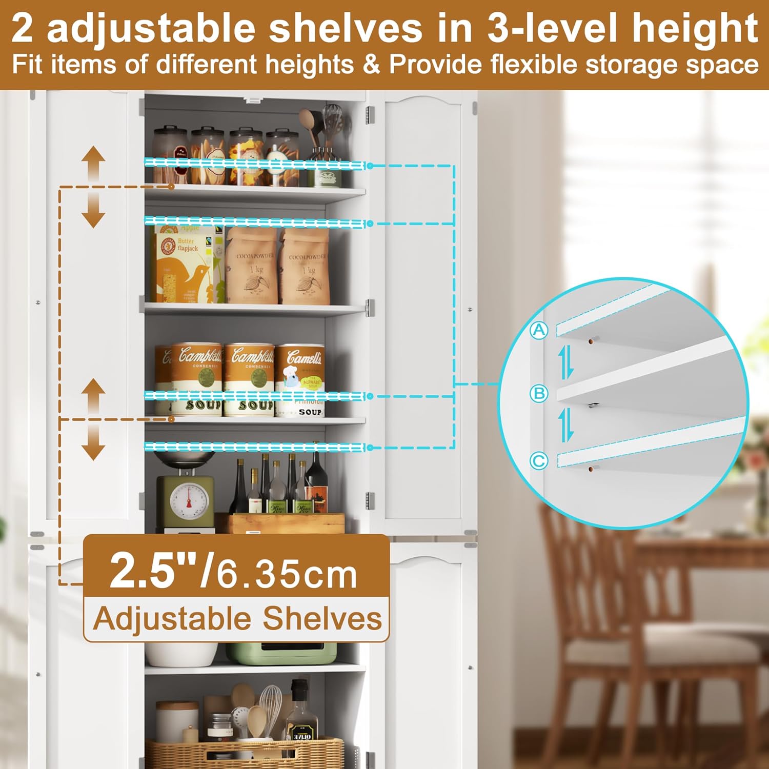 Function Home 72" Kitchen Pantry Cabinet, Freestanding Storage Cabinets, Tall Food Pantry with Doors and Adjustable Shelves, Utility Floor Cabinet for Kitchen Dining Room Living Room, White