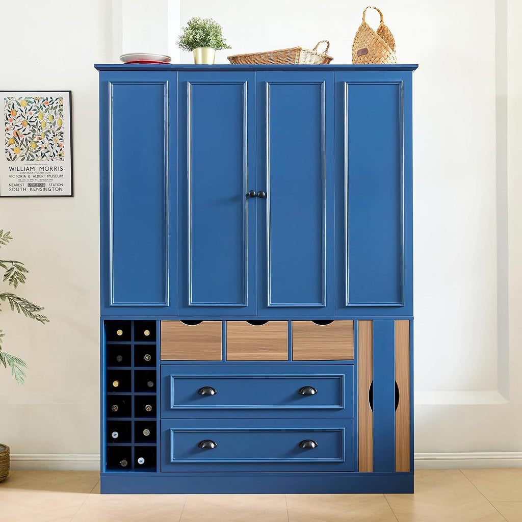 Virubi Farmhouse 71" Kitchen Pantry Cabinet with Power Outlet & USB Ports, 53.2" L Deep Storage, 4 Adjustable Shelves, 12 Wine Racks, 5 Drawers & Serving Trays, Foldable Doors, Anti-Tip Design (Blue)