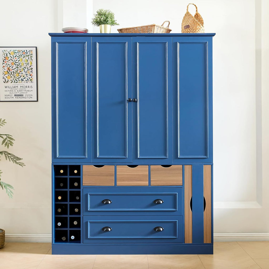 Large Kitchen Pantry Cabinet with 4 Foldable Doors and Storage Shelves, Farmhouse Freestanding Cupboard with Wine Racks, Power Outlet and Serving Trays (Blue)