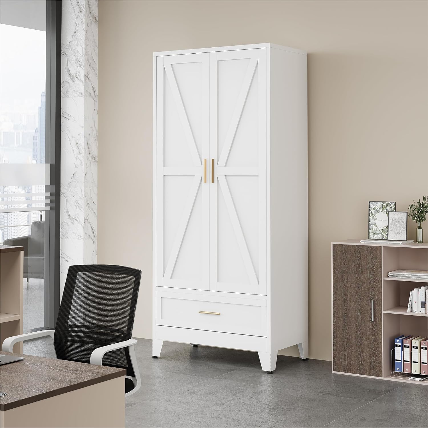 QINPTWUT 71" Storage Cabinet with Bottom Drawer, Pantry Cabinet in White with 2 Doors & 4 Adjustable Shelves, Freestanding Steel Cupboard for Garage, Home Office, Kitchen, Heavy-Duty Storage