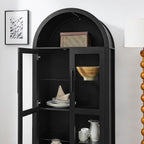 HRVEOCEI White Arched Cabinet with Glass Doors, Tall Arch Kitchen Pantry with 2 Large Drawers & Adjustable Shelves/Golden Handles, Wood Hutch Cabinet for Kitchen,Living Room (White) (Black led)