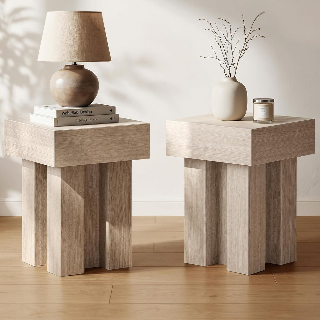 ModernMate Wood End Table, 15.7'' Modern Square Side Table with Pedestal Base, Oak Nightstand Thick Design for Living Room, Bedroom, Sofa, Couch, Beside Bed, White Oak Gray