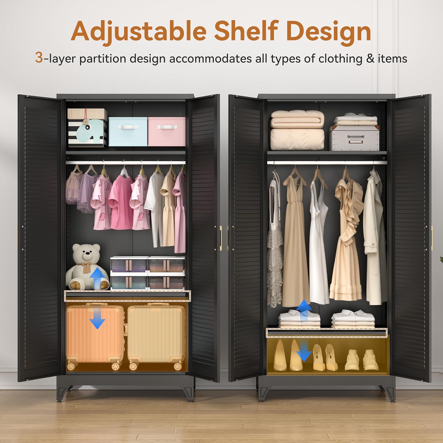 Polup 71" Tall Metal Armoire Wardrobe Closet with 2 Doors, Heavy Duty Steel Clothing Storage Cabinet with Hanging Rod & Adjustable Shelves, Freestanding Modern Locker Organizer for Bedroom, Office