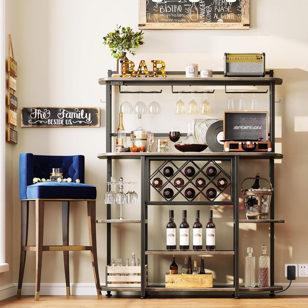 ROCHECASA Wine Rack with LED Light, Bar Table Cabinet with Glass Holder, Freestanding Coffee Bar Storage Shelves, 6-Tier Liquor Cabinet for Kitchen, Dining Room, Living Room,Grey 43.3"