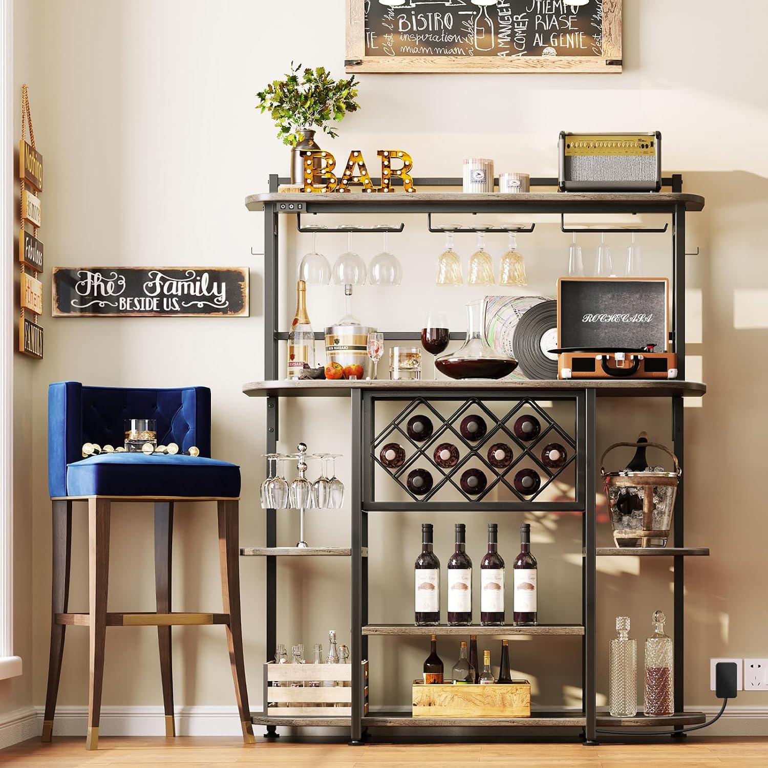 ROCHECASA Wine Rack with LED Light, Bar Table Cabinet with Glass Holder, Freestanding Coffee Bar Storage Shelves, 6-Tier Liquor Cabinet for Kitchen, Dining Room, Living Room,Grey 43.3"