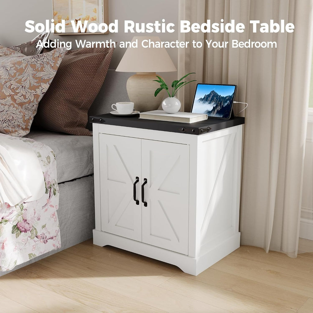 24'' Farmhouse End Table - Side Table with Charging Station | USB & Type-c Ports & Power Outlets |Farmhouse Nightstand with Sliding Barn Door for Bedroom, Living Room, Office
