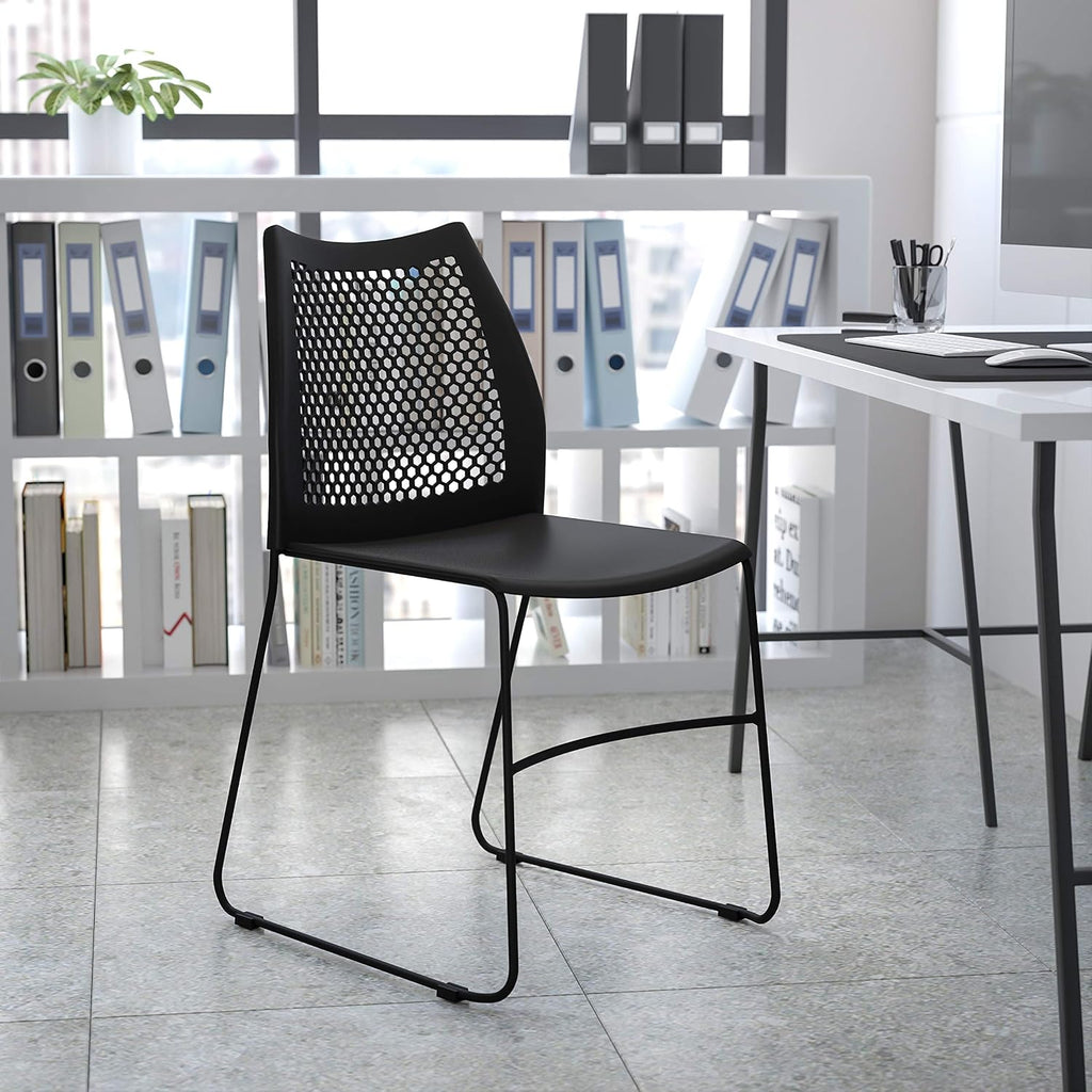 EMMA + OLIVER Home and Office Black Sled Base Stack Chair with Air-Vent Back - Guest Chair