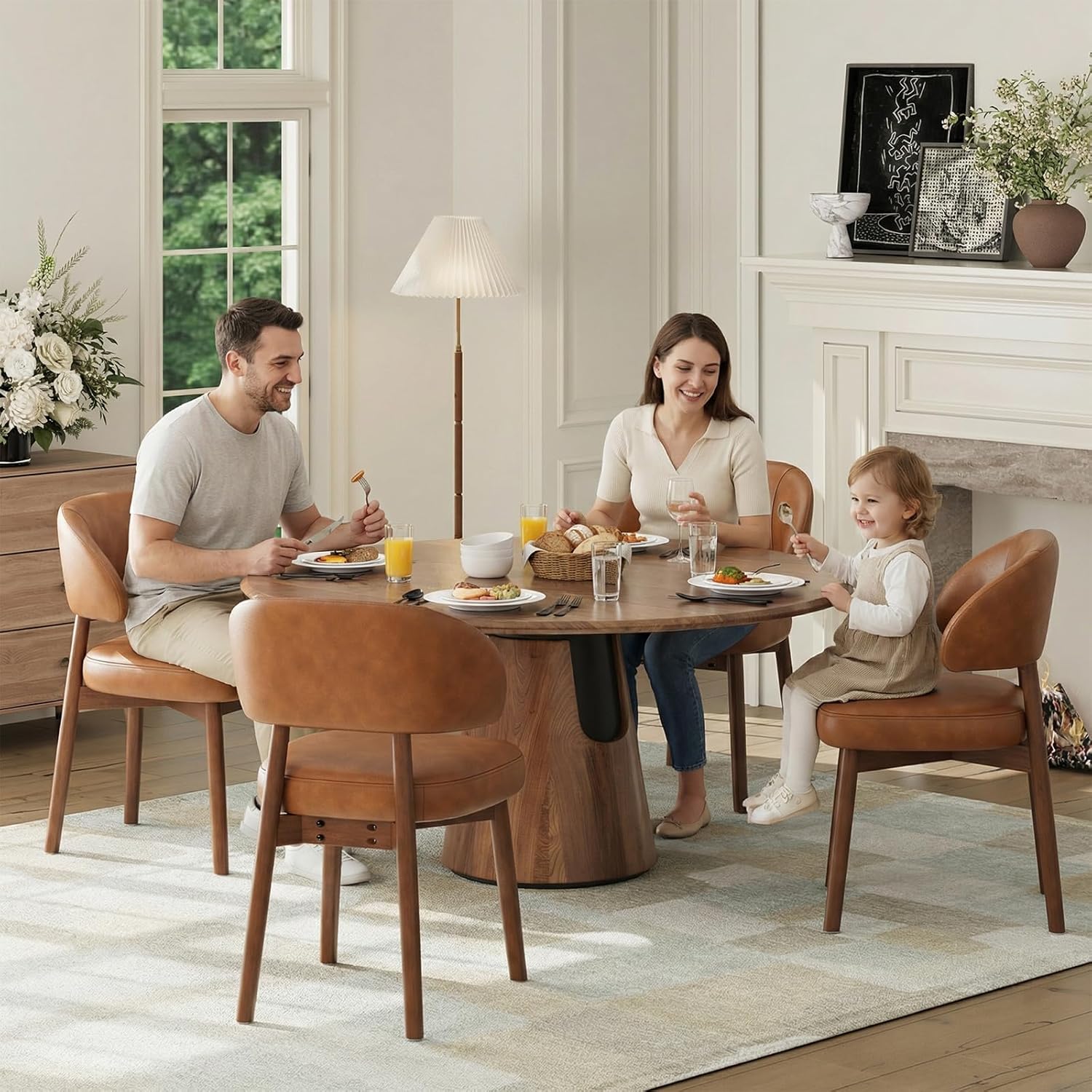 MALOL Wooden Dining Chairs Set of 4, Modern Upholstered Dining Room Chair, PU Leather Kitchen Side Chairs with Curved Open Back for Living Room/Restaurant/Cafe, Brown