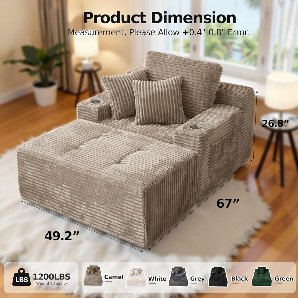 66" Chaise Lounge Chair Indoor,Oversized Boneless Single Sleeeper Couch Bed,Corduroy Cloud Sofa with 3 Soft Pillows for Livingroom,Bedroom,No Assembly,(Khaki)