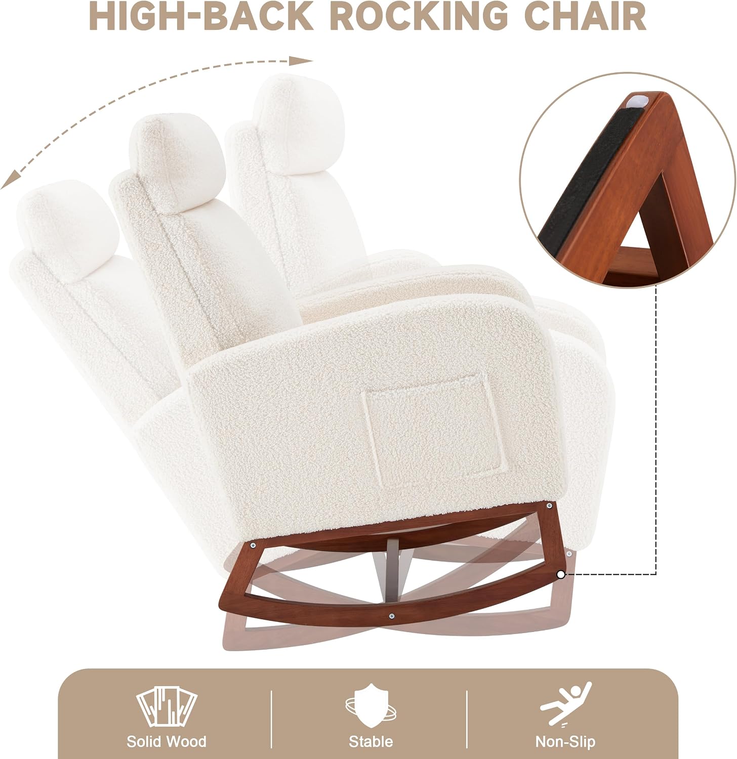 Rocking Chair Nursery Teddy High Back Rest Glider Rocker with Footrest Nursing Rocking Chairs Upholstered Accent Arm Chair for Living Room Bedroom Indoor, Teddy White