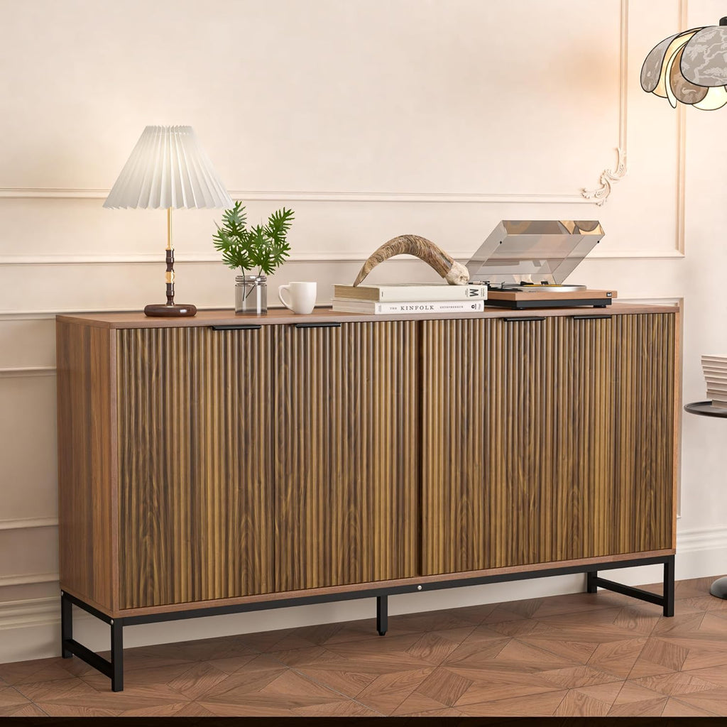 Fiogmub Fluted Accent Storage Cabinet, Kitchen Sideboard Buffet with 4 Fluted Doors, Adjustable Shelves for Living Room, Dining Room, Hallway (Walnut)