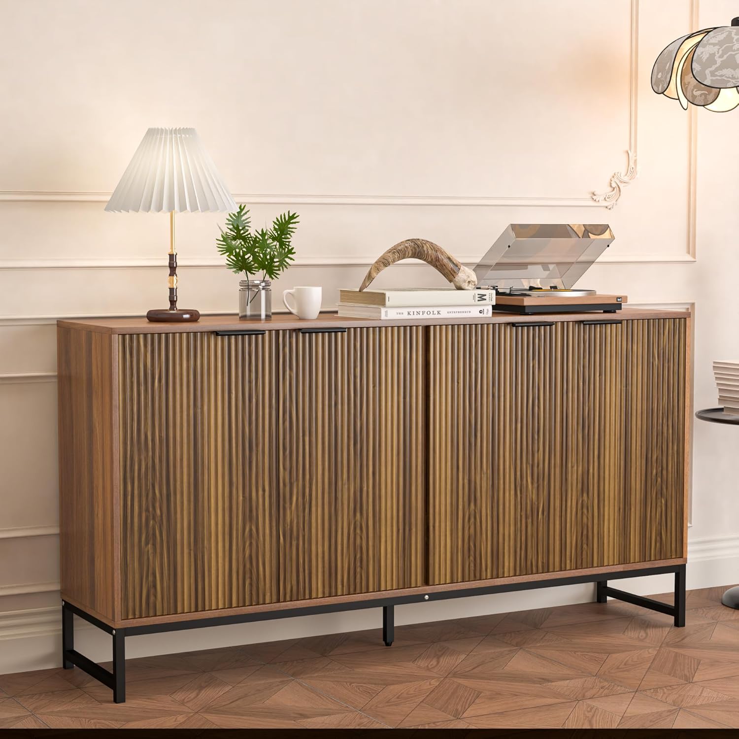 Fiogmub Fluted Accent Storage Cabinet, Kitchen Sideboard Buffet with 4 Fluted Doors, Adjustable Shelves for Living Room, Dining Room, Hallway (Walnut)