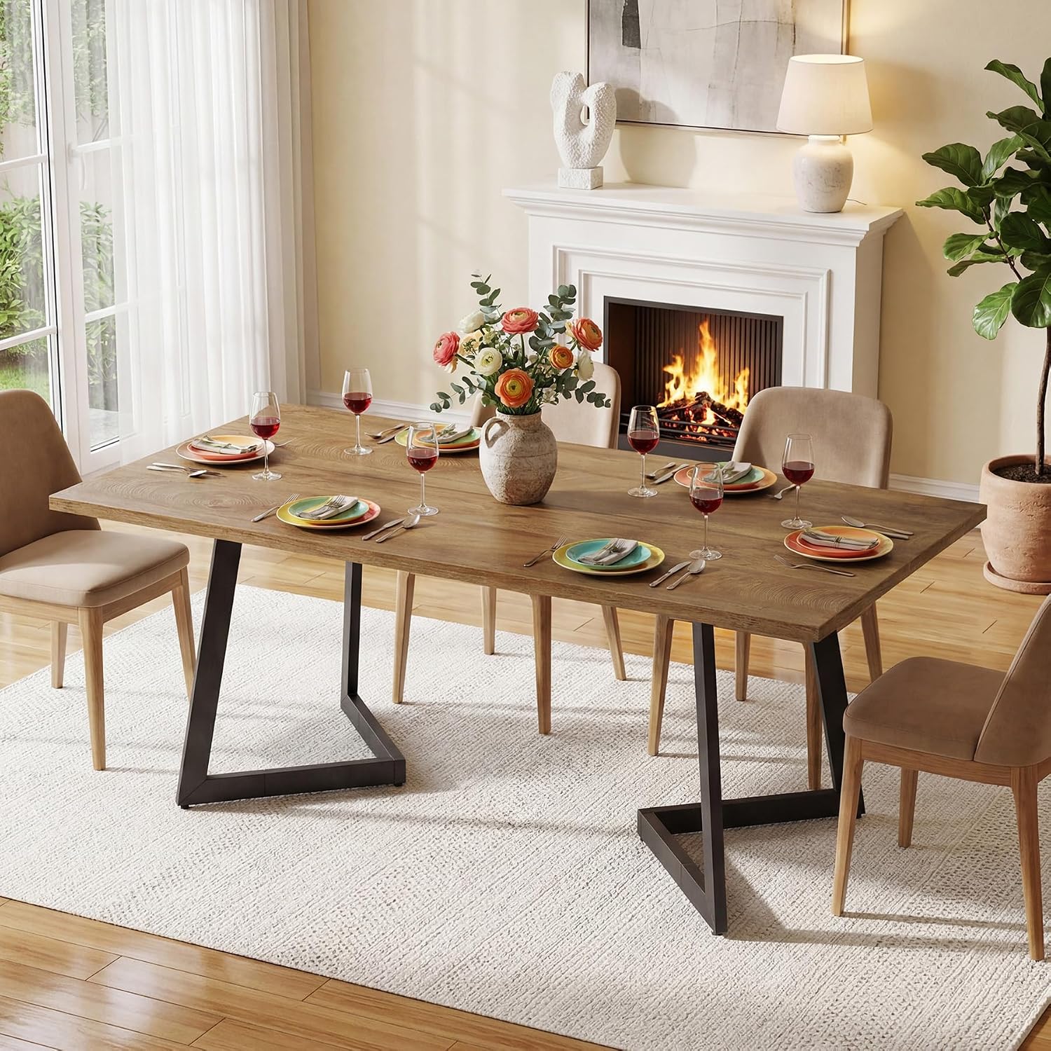 Tribesigns Rectangular Dining Table for 6, 62 Inches Farmhouse Dinner Table with Metal Legs, Wooden Small Kitchen Table for Dining Room, Small Spaces, Apartments