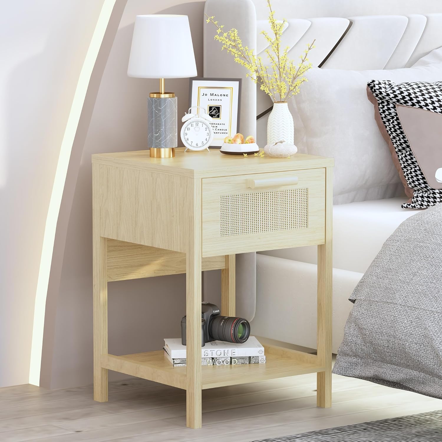 furlinkhm Rattan Nightstand, Boho Bedside Table, 23" Rattan Nightstand, End Table with Drawer, Wood Bedside Table Boho End Tables Side Tables with Storage Shelf, Suitable for Bedroom, Living Room