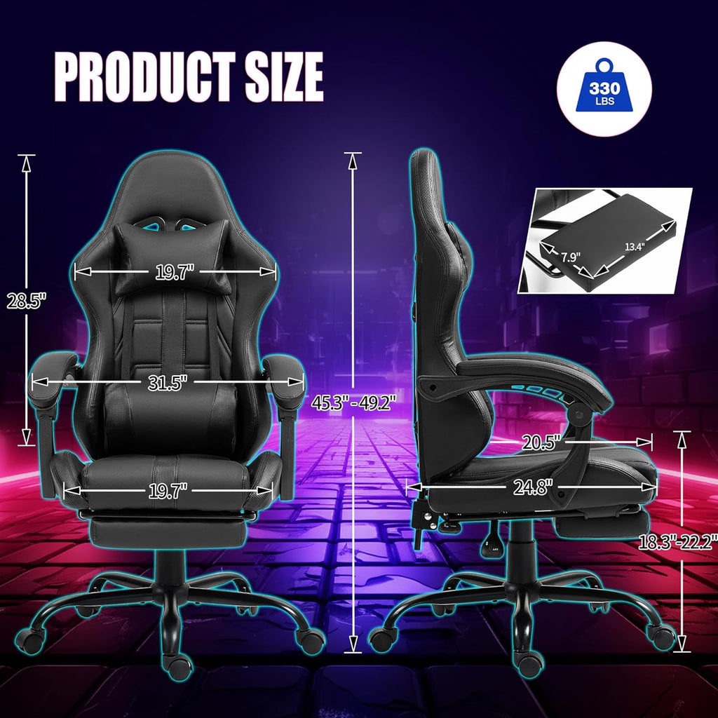 ECOTOUGE Massage Gaming Chair, Video Game Chair with Footrest, Ergonomic Computer Chair with Headrest and Massage Lumbar Support, Height Adjustable High Back Office Desk Chair with 360° Swivel, Black