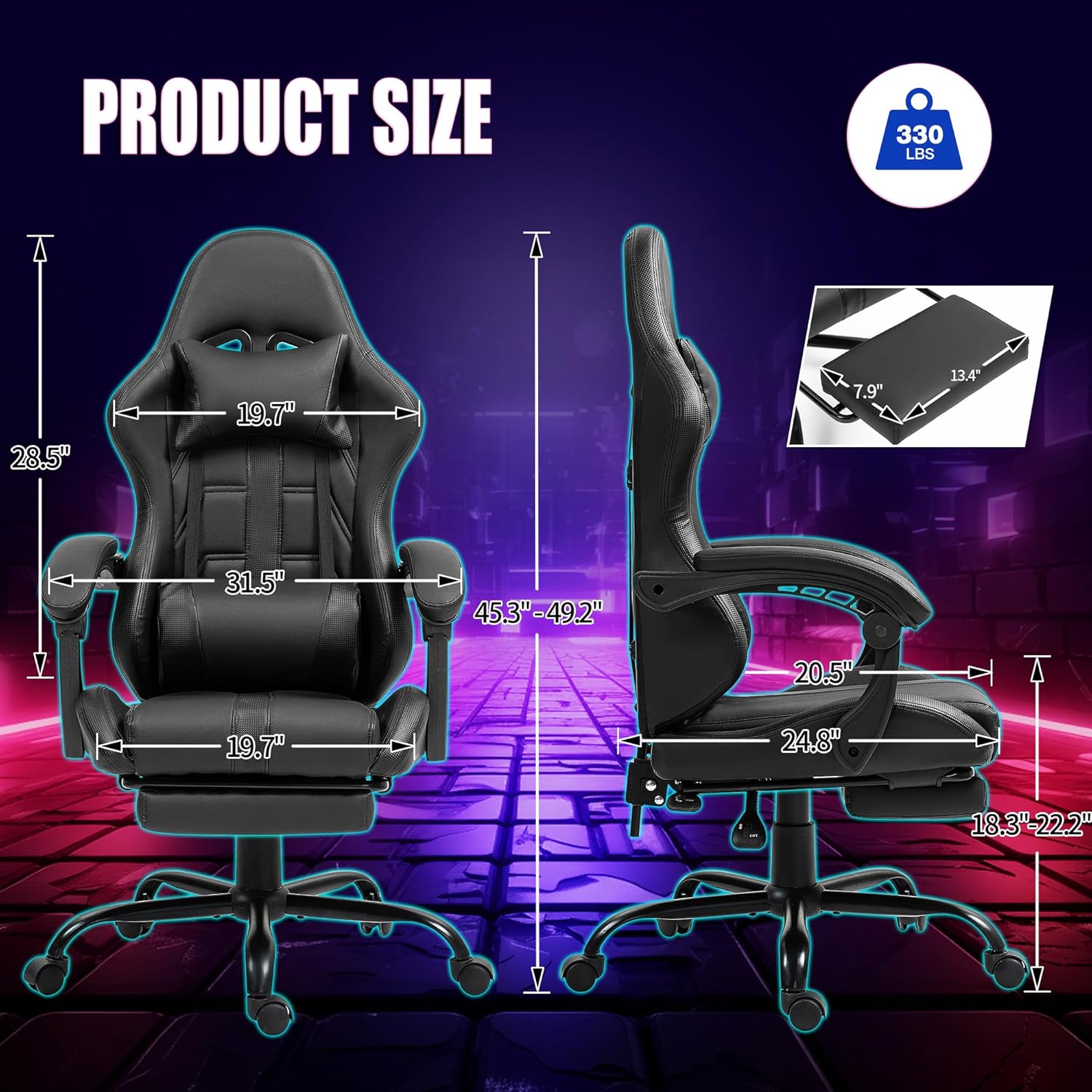 ECOTOUGE Massage Gaming Chair, Video Game Chair with Footrest, Ergonomic Computer Chair with Headrest and Massage Lumbar Support, Height Adjustable High Back Office Desk Chair with 360° Swivel, Black