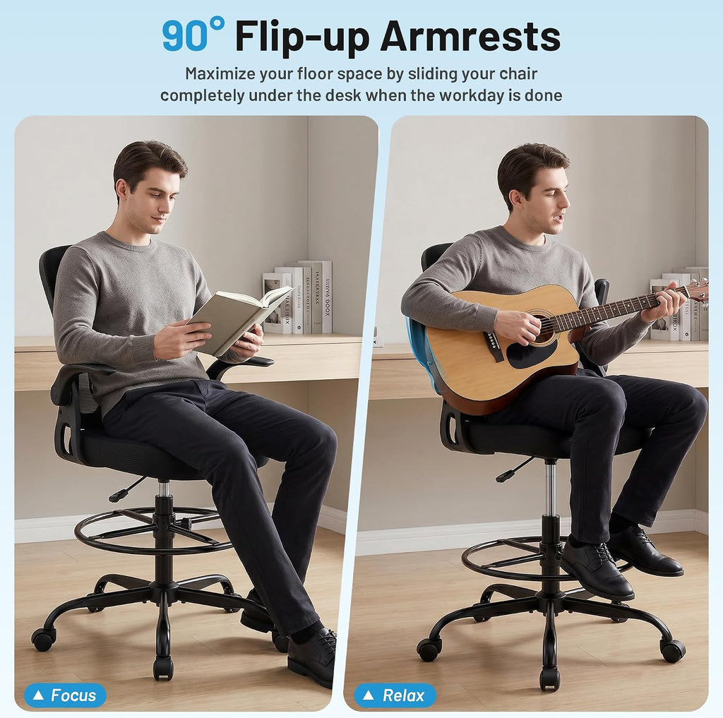 Drafting Chair for Standing Desk, Tall Office Chair with 22"-30" Seat Height &7" Lift Footrest Ring, Ergonomic Executive Mesh Computer Counter Stool with Lumbar Support &Flip-up Arms for Artist