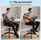 Drafting Chair for Standing Desk, Tall Office Chair with 22"-30" Seat Height &7" Lift Footrest Ring, Ergonomic Executive Mesh Computer Counter Stool with Lumbar Support &Flip-up Arms for Artist