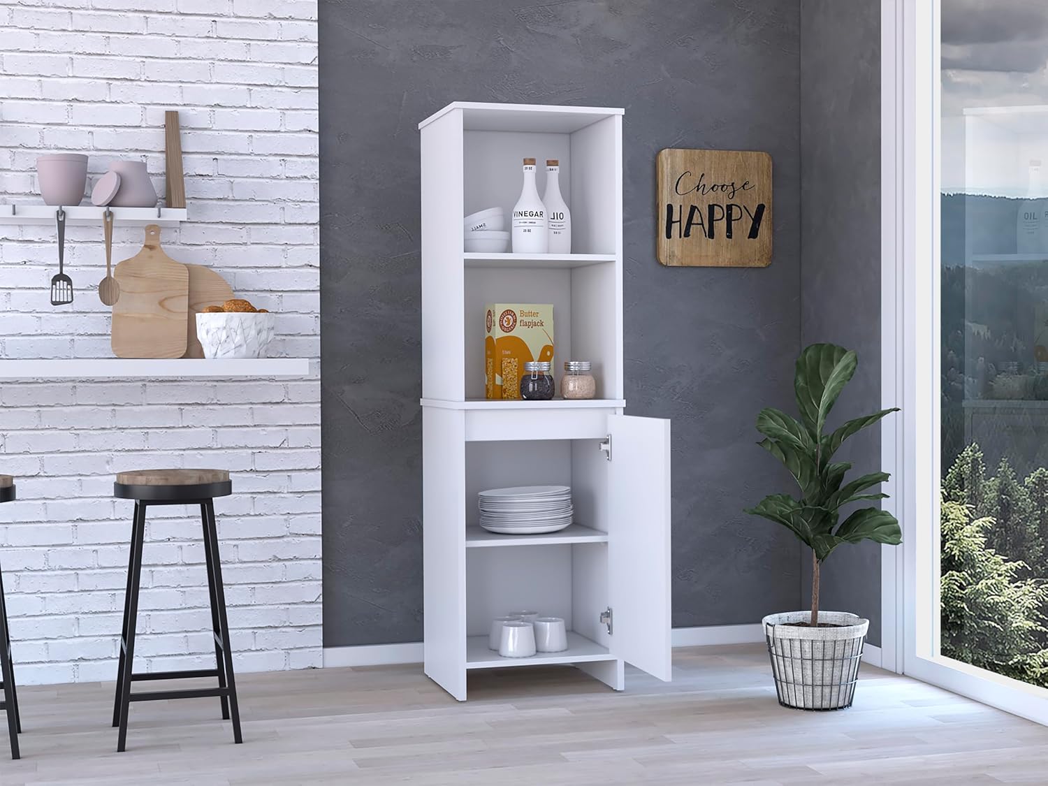 24.4" D*16.53" W*48.03" H Freestanding Kitchen Pantry with 2 Shelves, Lower Single Door, Rectangular Storage Cabinet, Modern Minimalist, for Living Room, Dining Room, White